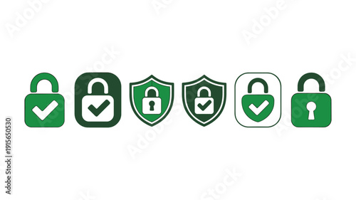 Six green security featuring locks and shields with checkmarks and keyholes keywords