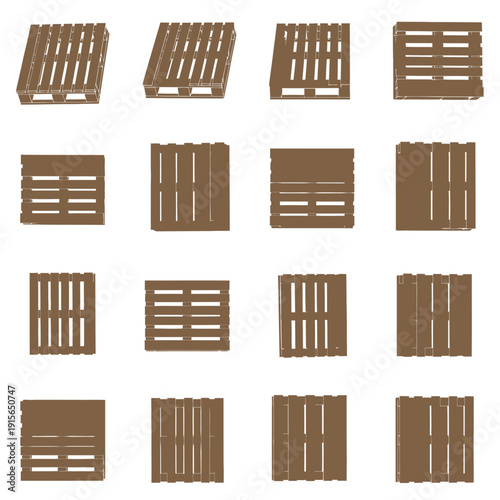 Collection of wooden pallets arranged in grid pattern on transparent background from overhead viewpoint