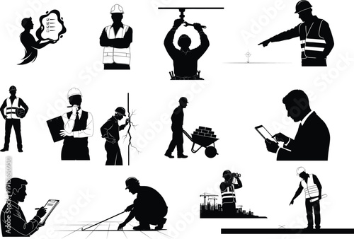 Collection of silhouettes depicting various occupations and work activities in a black and white format
