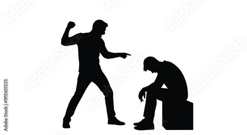 A man gestures angrily at another seated figure a dark silhouette