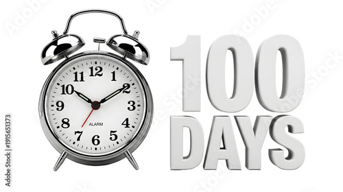 Silver Alarm Clock with 100 Days Text 3D Illustration