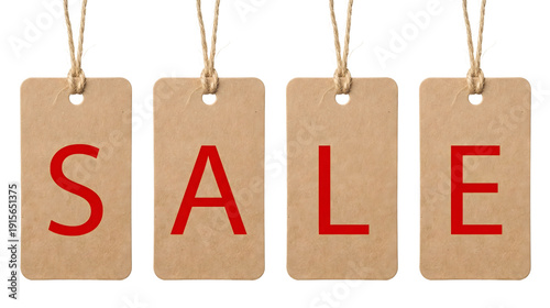 Word SALE Spelled on Four Kraft Paper Price Tags Isolated