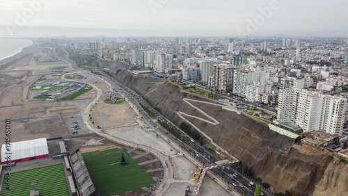 Lima city aerial view with costa verde ocean cliffs