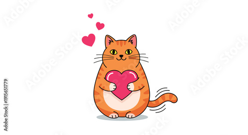 Cute ginger tabby cat sitting and lovingly holding a big pink heart while wagging its tail against a white background.