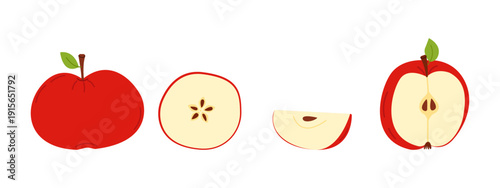 Set of red apple illustrations in flat style isolated on light background: whole apple with leaf, cross section with seeds, slice and half apple. Fresh organic fruit collection for food design, health