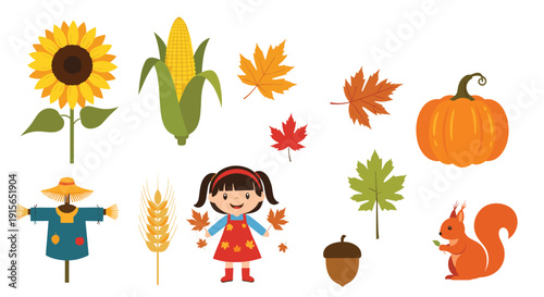 Collection of autumn themed illustrations including a girl with leaves, a scarecrow, pumpkin, squirrel, corn crop, and fall foliage.