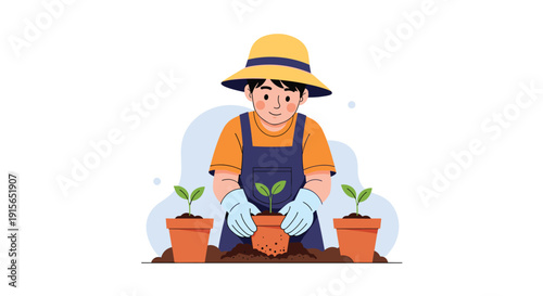 Young boy wearing a straw hat and blue apron carefully planting small green seedlings into terracotta pots in a garden setting.