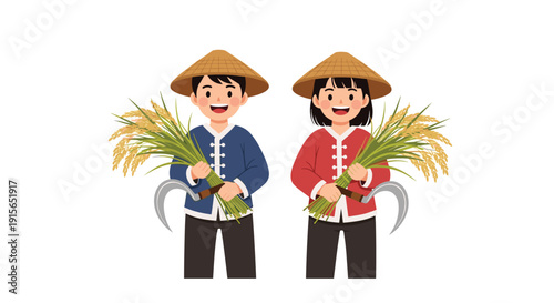 Young boy and girl in traditional blue and red clothing holding bundles of harvested rice and sickles on a white background.