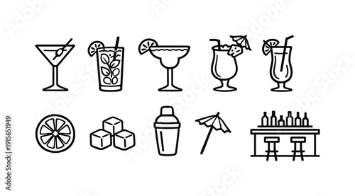Drinks and cocktails outline icon set: refreshing beverage and bar icons collection