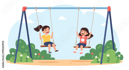 Two happy young girls enjoy playing together on a swing set in a sunny park with green bushes and white flowers in the background.