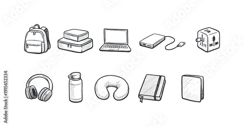 Travel essentials icon set. Linear icons for backpackers, gadgets, and packing needs