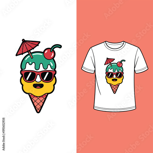 Cute ice cream cone character wearing sunglasses presented as a t shirt design