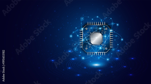 Microchip processor technology with circuit board for data processing. Concept of microchip or computer CPU.