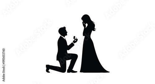A romantic proposal scene featuring a kneeling man and woman silhouette