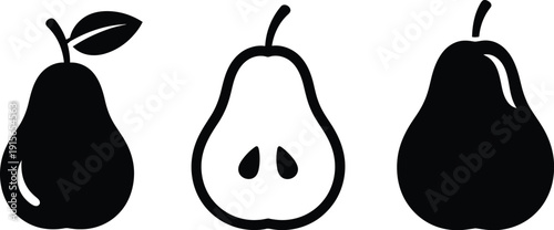 Pears in various forms, slice and shapes. Full pears, halves, and cross-sections