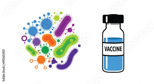 Illustration depicting viruses bacteria and a vaccine vial for protection