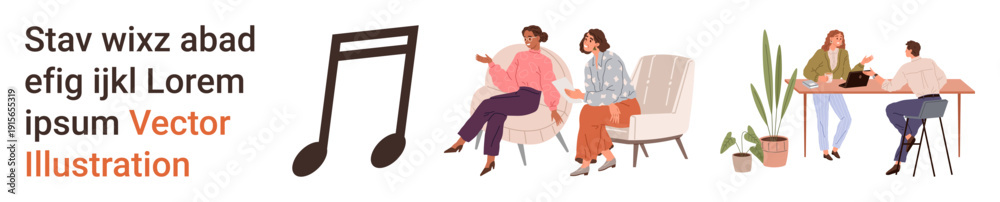 Obraz premium Education, communication, creative thinking, social interaction, relationships, nature. Music note icon, people conversing and a plant nearby. Education and communication