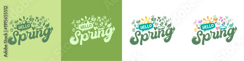 Hello Spring lettering set with nature doodles and eco icons, green typography collection for seasonal branding and environmental projects. Vector Hello Spring sticker lettering collection