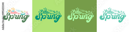 Hello Spring lettering set with nature doodles and eco icons, green typography collection for seasonal branding and environmental projects. Vector Hello Spring sticker lettering collection