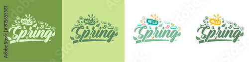 Hello Spring lettering set with nature doodles and eco icons, green typography collection for seasonal branding and environmental projects. Vector Hello Spring sticker lettering collection