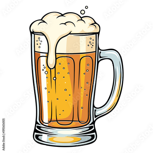 Cartoon style amber beer mug with overflowing frothy foam, festive beverage illustration for bar, pub and celebration themes