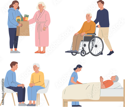 Flat vector illustration set of young volunteers and caregivers supporting elderly people with groceries, wheelchair assistance, talking, and providing medical home bedside care