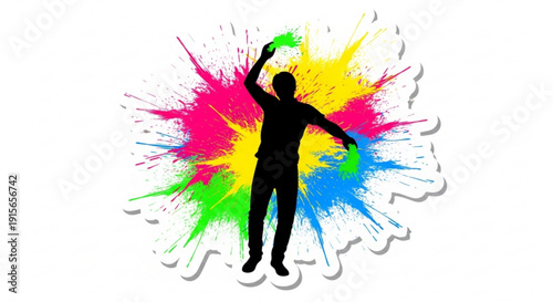 Silhouette of a person throwing colorful powder paint celebrating Holi festival or creative expression isolated on white background