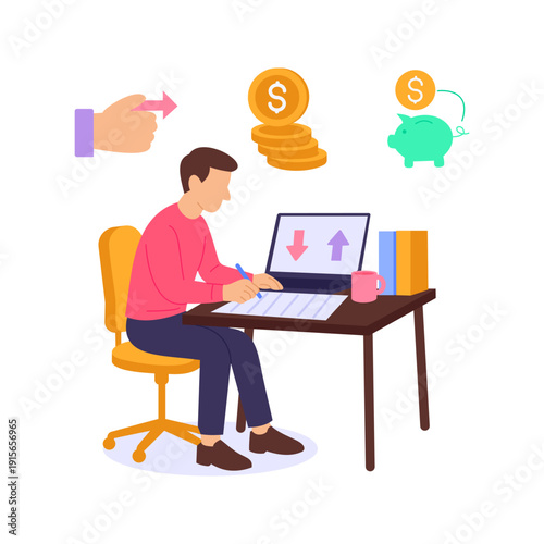 Cash Flow Statement, tracking cash inflows and outflows, Flat vector character illustration