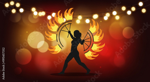 Silhouette of a fire dancer performing with flaming poi a dynamic illustration for entertainment festivals and performance concepts set against a bokeh background with string lights