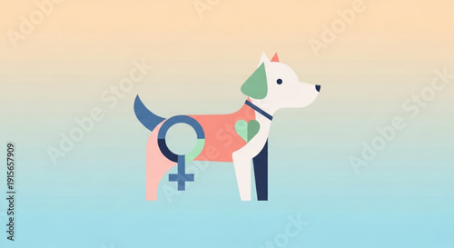 Colorful dog with heart and gender symbols on body standing on blue background