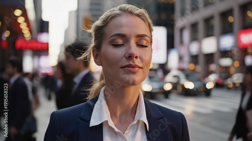 Businesswoman enjoying peaceful moment on city street