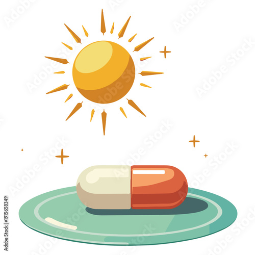 medical capsule pill lying under bright shining sun on glass surface, for health blogs, pharmaceutical websites and wellness presentations
