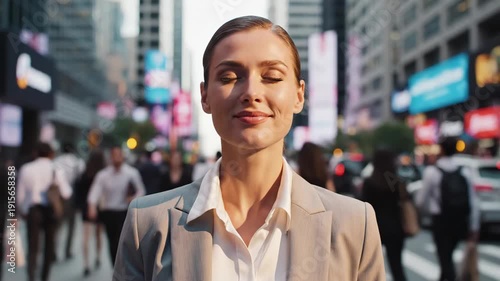 Confident businesswoman meditating in bustling city street