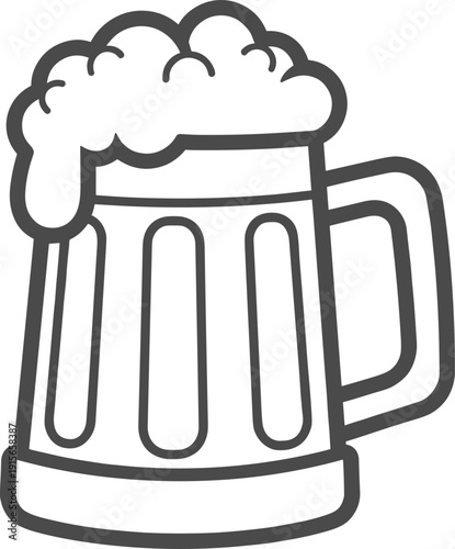 A frothy mug of beer with overflowing foam and a handle on the right side. isolated on transparent background, Vector
