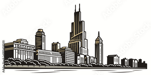 Stylized illustration depicts a modern city skyline, vector