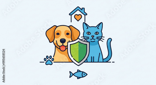 Friendly dog and cat with shield house heart and fish symbolizing pet protection and care