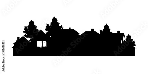 Black silhouette of a suburban neighborhood with houses and trees, vector