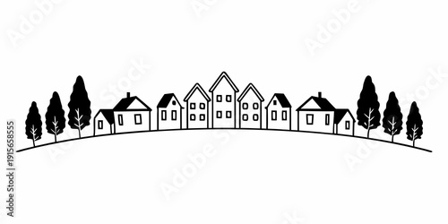 Hand-drawn illustration of a small town street, vector