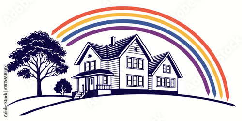 Illustration of a classic suburban house under a colorful rainbow, vector