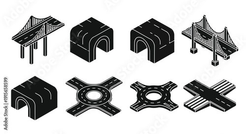 Isometric road and bridge elements in a black and white design