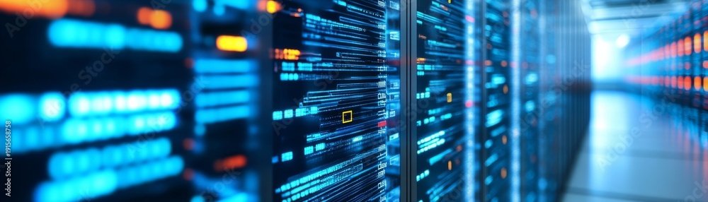 Fototapeta premium Futuristic Server Room Data Flows in Blue and Orange Lights, AI and Cloud Computing,technology,data,server,futuristic,ai