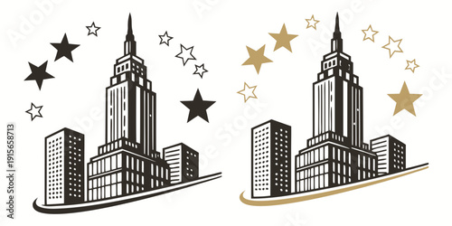 A stylized cityscape illustration features a skyscraper and stars, vector