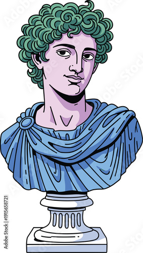 Ancient roman bust depicting a noble figure with a toga and laurel wreath isolated on transparent background, Vector