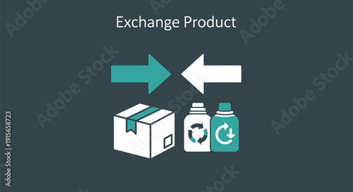 Simple graphic illustration concept showing the exchange product process with arrows demonstrating the flow between a shipping box and recycling bottles against a dark background