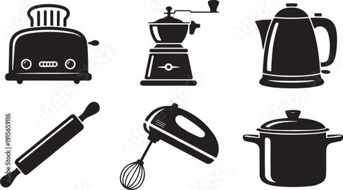 A selection of six black silhouette icons representing essential kitchen appliances and cooking tools