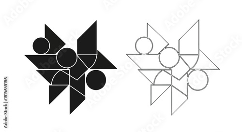 Abstract geometric designs featuring circles triangles and interlocking shapes