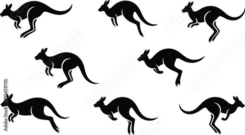 Kangaroo silhouettes collection, jumping marsupial animal icons isolated on white background for wildlife, Australia theme, and design