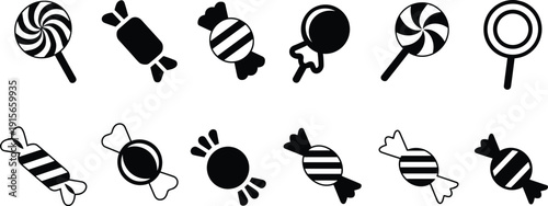 Candy and lollipop silhouettes collection, sweet confectionery icons set isolated on white for bakery, party, packaging design
