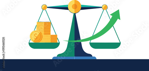 Financial balance scale with coins and upward arrow, investment growth concept, flat vector illustration for business and economic design