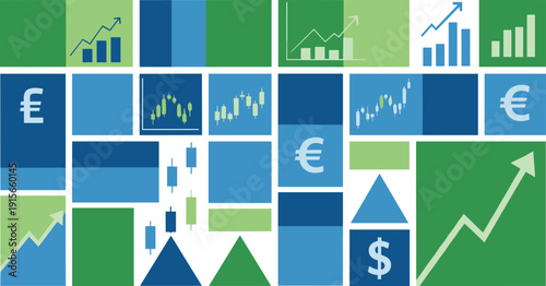 Financial markets collage infographic with currency symbols, candlestick charts, and growth arrows, flat vector illustration for trading and investment design